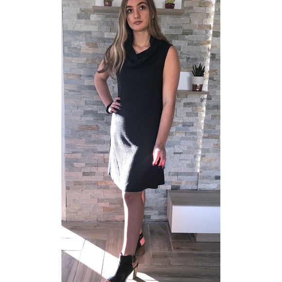 Cowl neck knit ribbed dress | Black - Picture 2 of 5